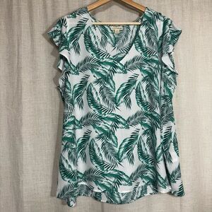Maison Jules Palm Tree Flutter Sleeve Tank Top Tropical Coastal Green White 2X
